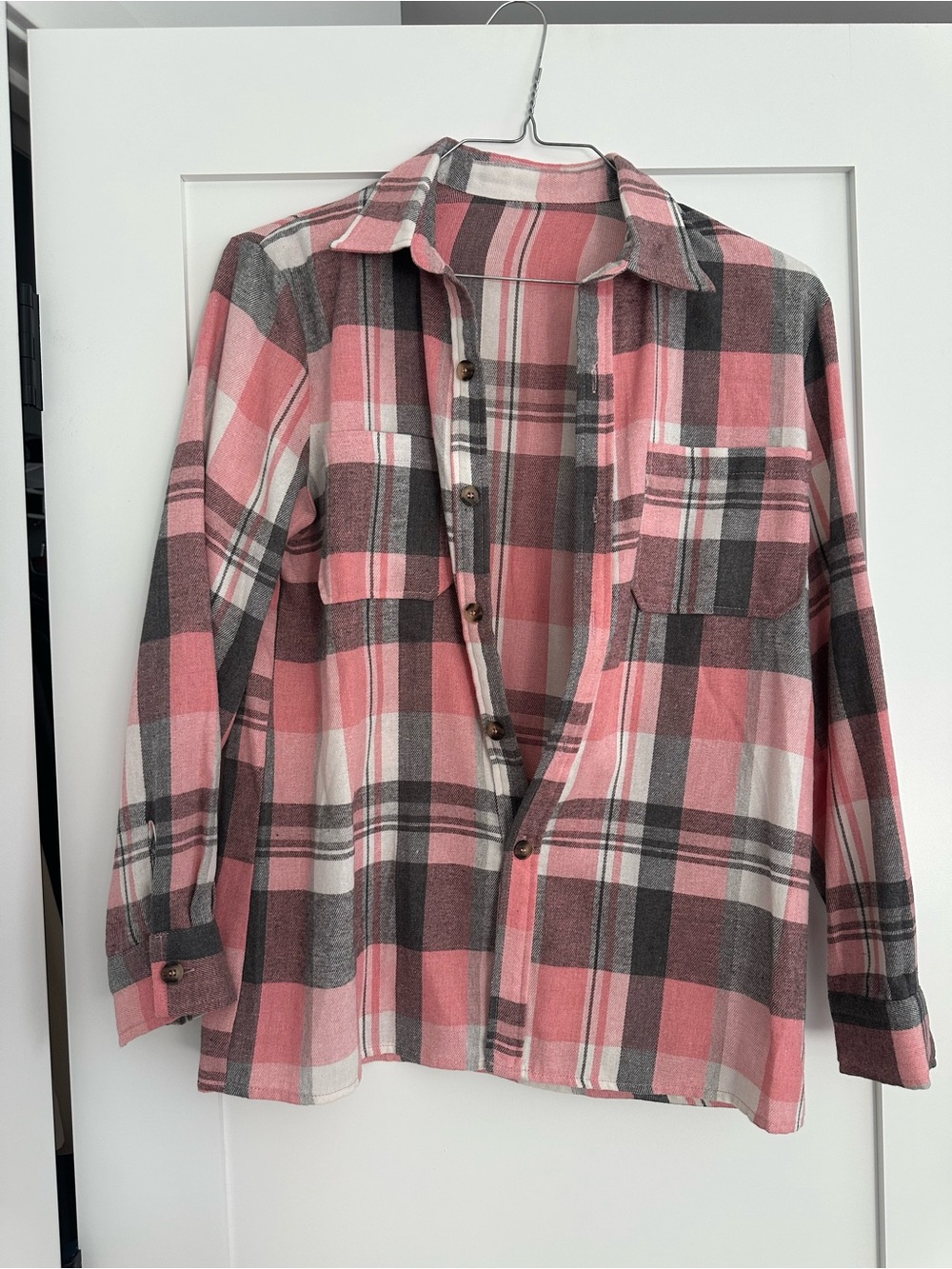 Pink and Gray Plaid Button-Up Shirt
